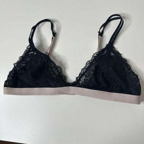 Black With Nude Edging Triangle Lace Bralette Adj Straps Hook & Eye Close Large - Picture 4 of 12